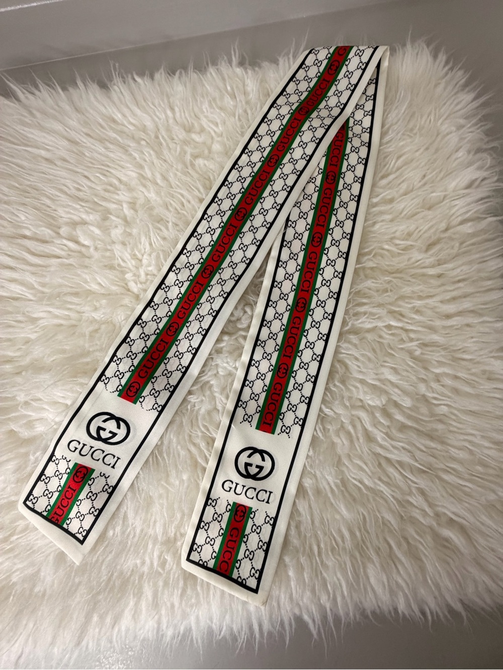 White Silk Logo Web Stripe Skinny Scarf